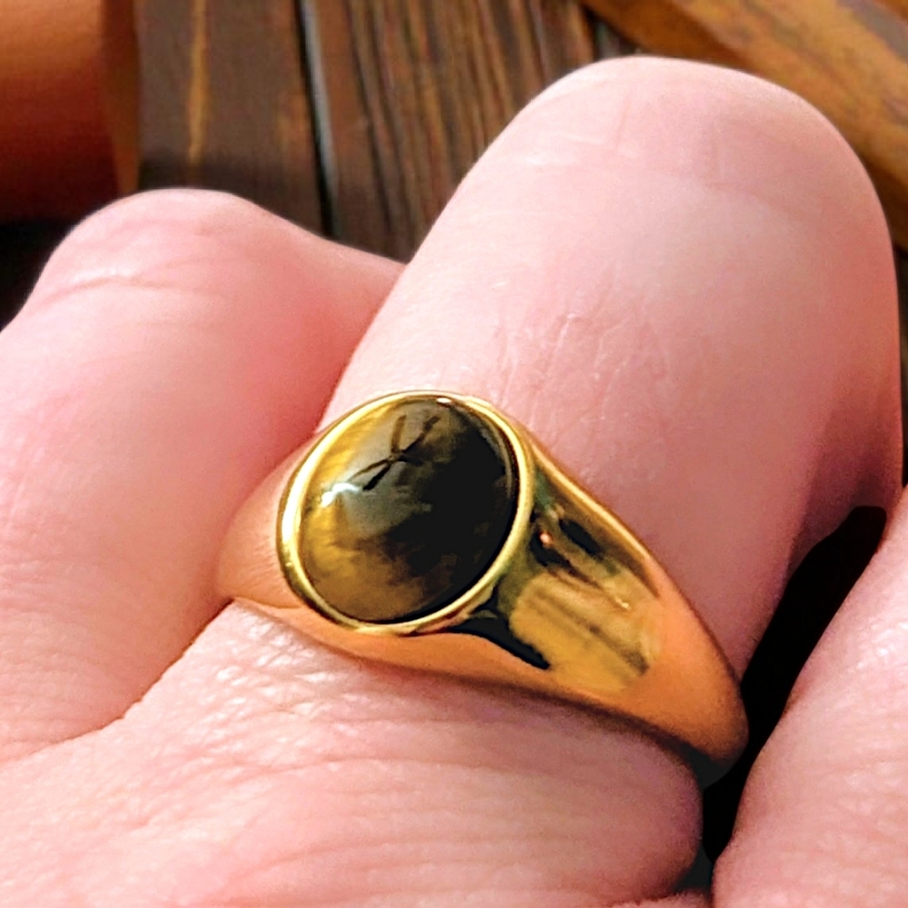 18k Gold Plated Oval Cut Tigers Eye Statement Ring Women's Size  7 & 8 - Picture 4 of 4